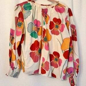 Velvet by Graham & Spencer Cream Floral Peasant Blouse - Red Pink Orange Green